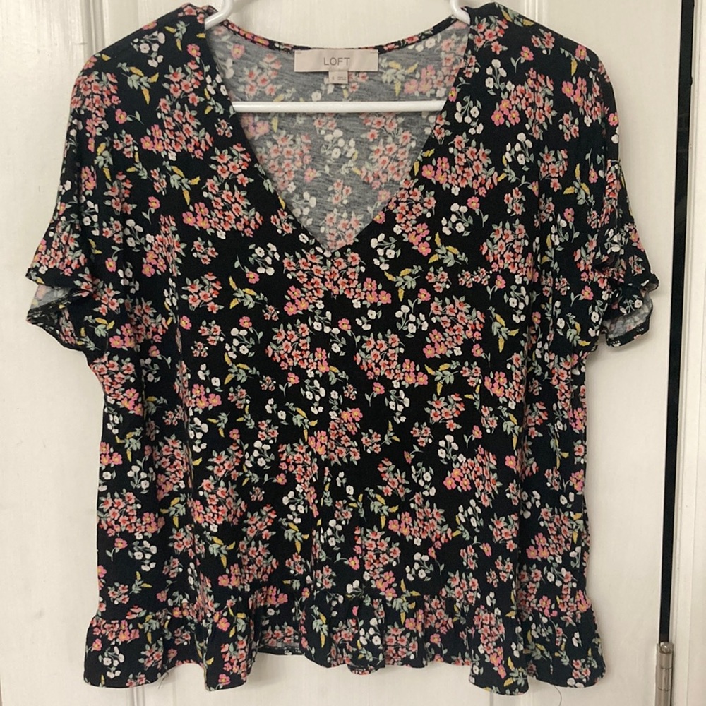 Loft black floral peplum top, size Small